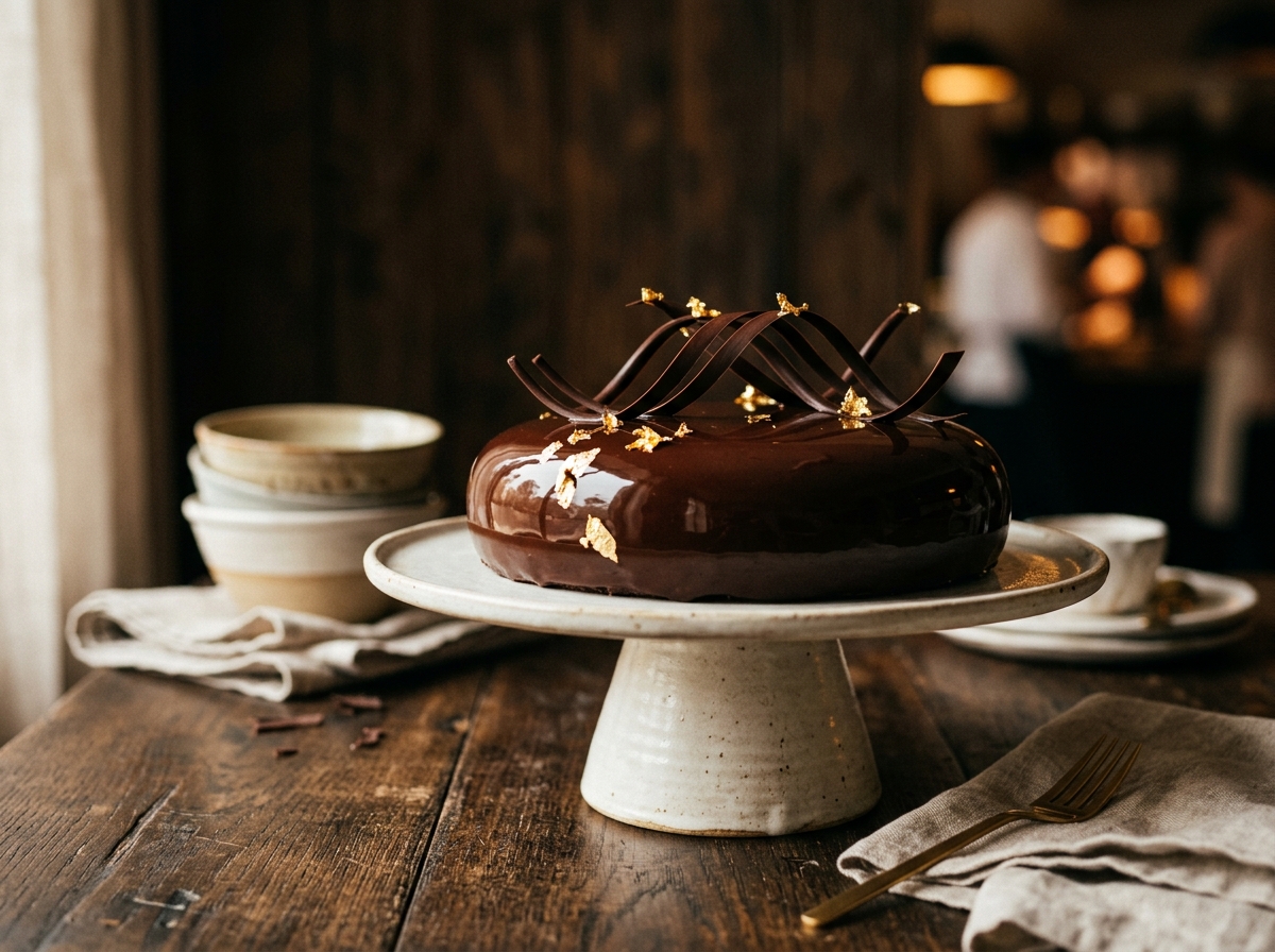Haute patisserie dark chocolate mirror glaze entremet cake with gold ribbons