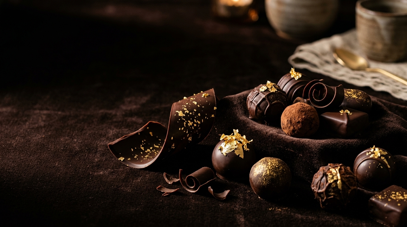 Artisanal chocolate creations dusted with edible gold flakes