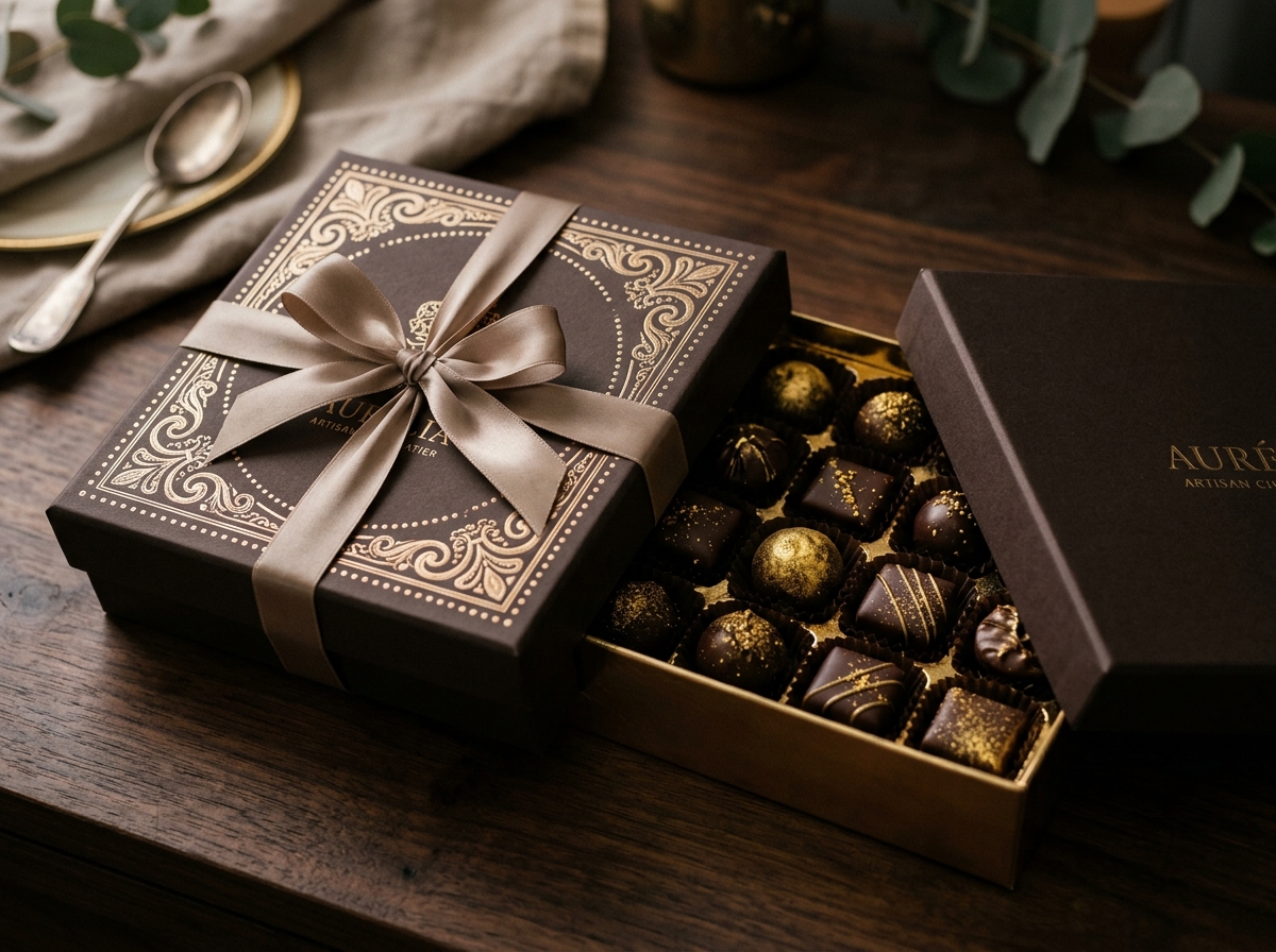 Luxury The Meltia gift box with champagne gold foil and satin ribbon filled with bonbons